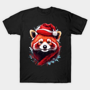 Red Panda Christmas with Santa Hat T-Shirt